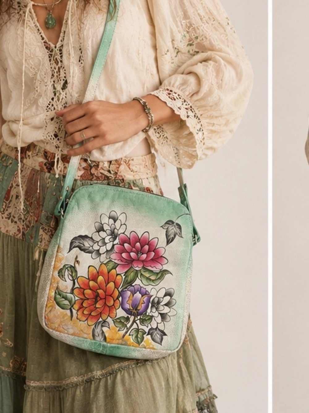 BIACCI Hand-Painted Floral Boho Cottagecore Botanical Crossbody Bag -